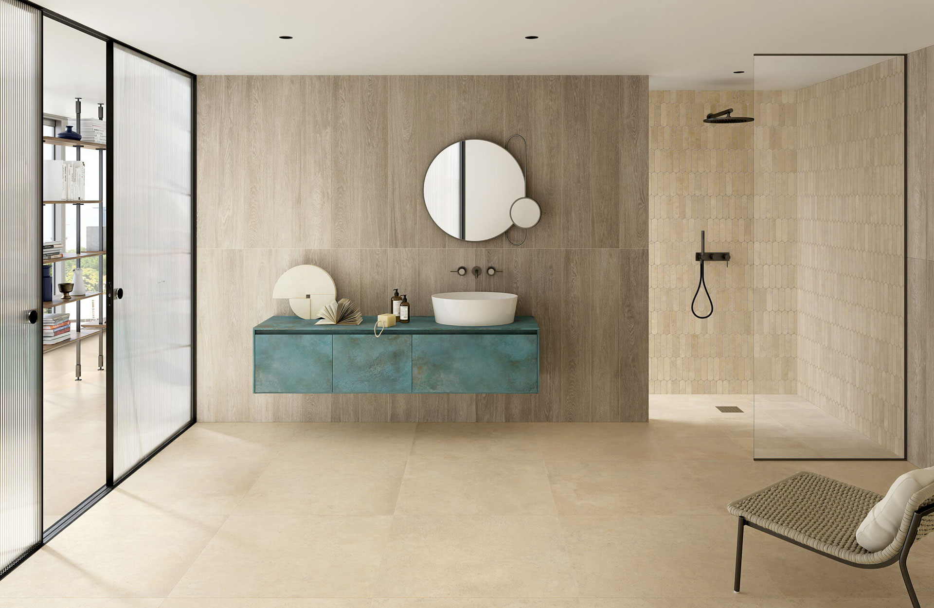 Materica range in ‘Corda’ (floor) and Alchemy in ‘Mint’ bathroom countertop.
